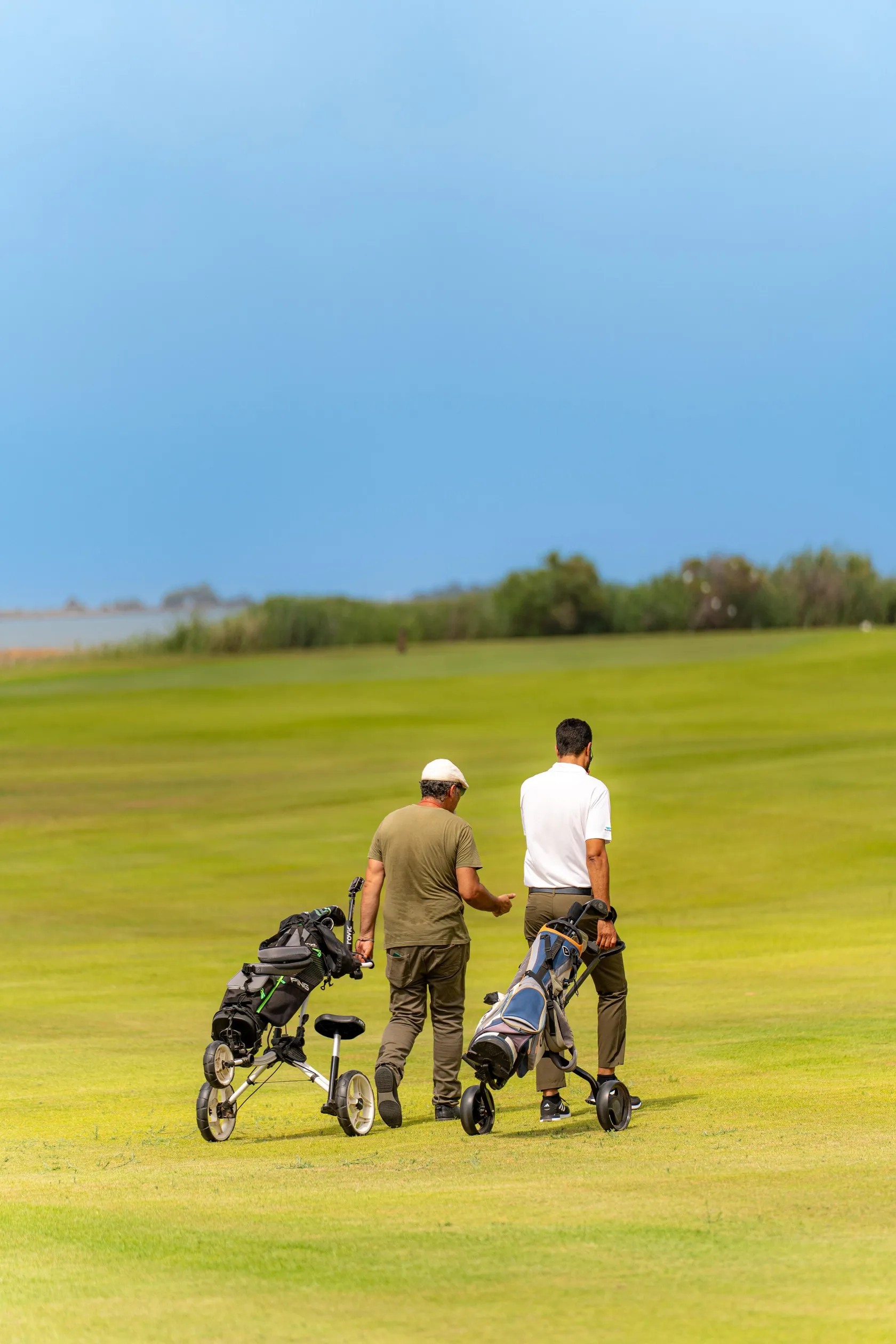 Dos hombres conversan en un campo de golf con sus carritos de palos