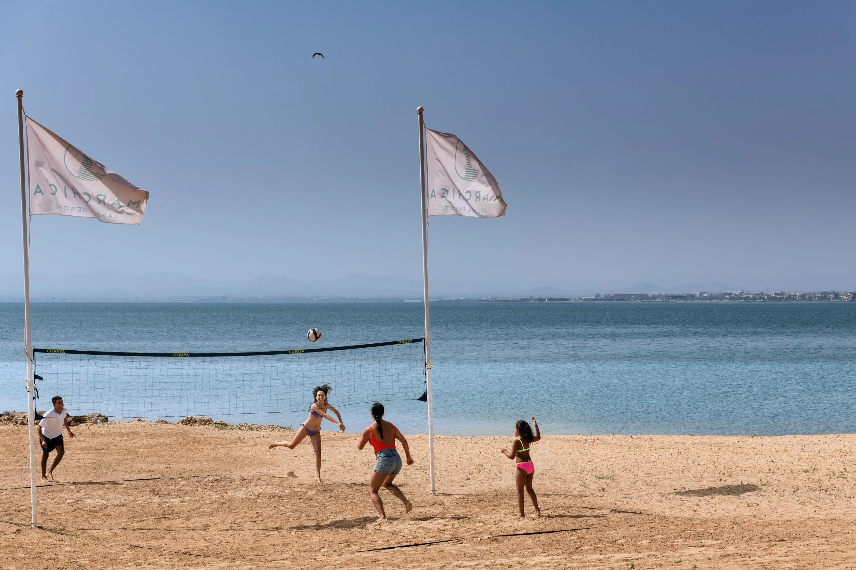 Quatre personnes jouent au volley-ball sur une plage avec la mer en arrière-plan et deux drapeaux flottant au vent