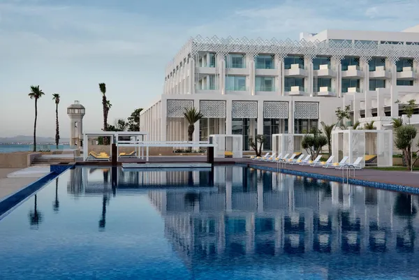 Overflow pool in front of a modern hotel with sun loungers and palm trees, sea view in the background